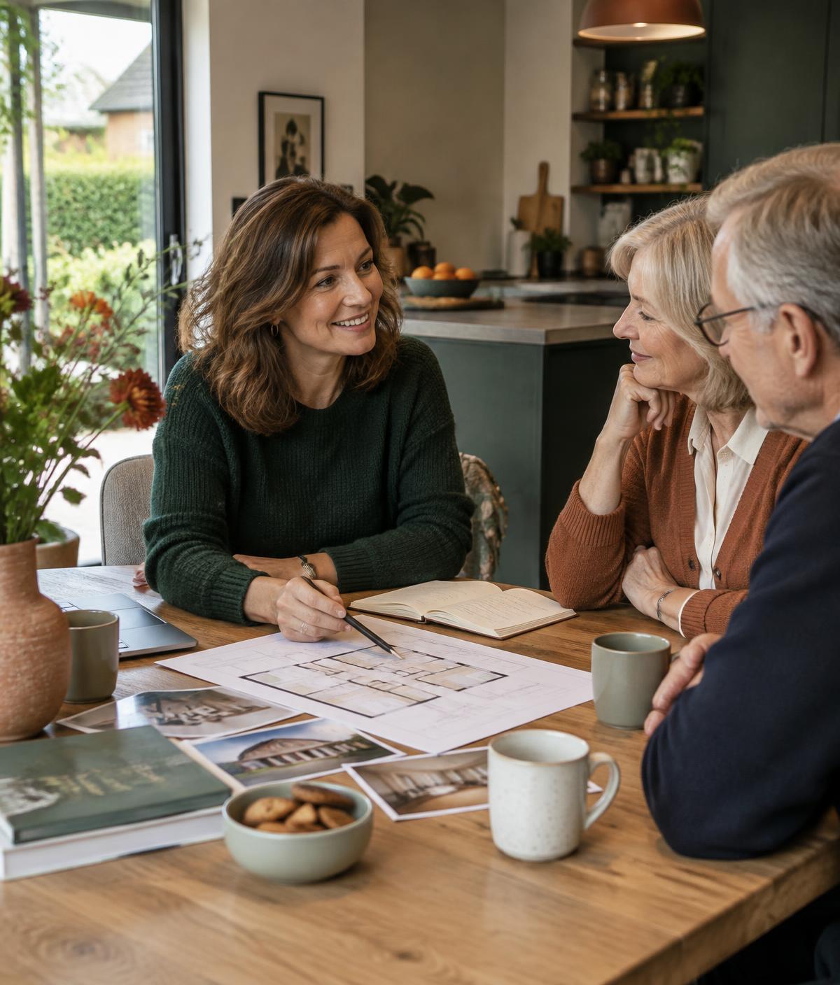 Een verhuisadviseur bespreekt de verhuiswensen met een echtpaar aan tafel